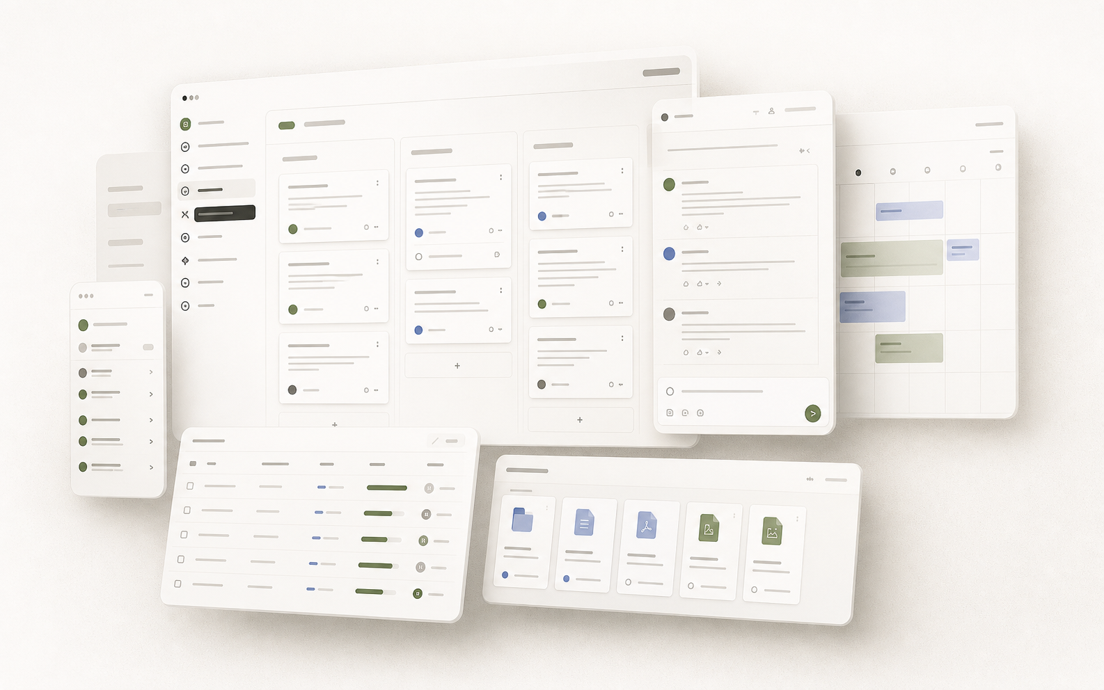 Azali product visual showing project boards, task threads, calendar blocks and messages